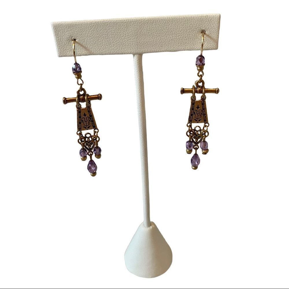 Delicate Looking Antiqued Gold & Purple Stone Drop Earrings.